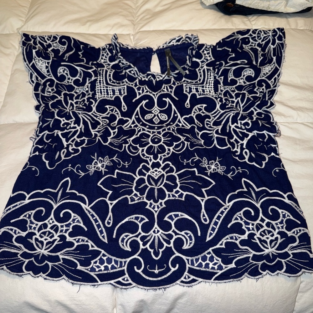 Anthropologie Royal Blue and White Embroidered Blouse - Picture 3 of 5